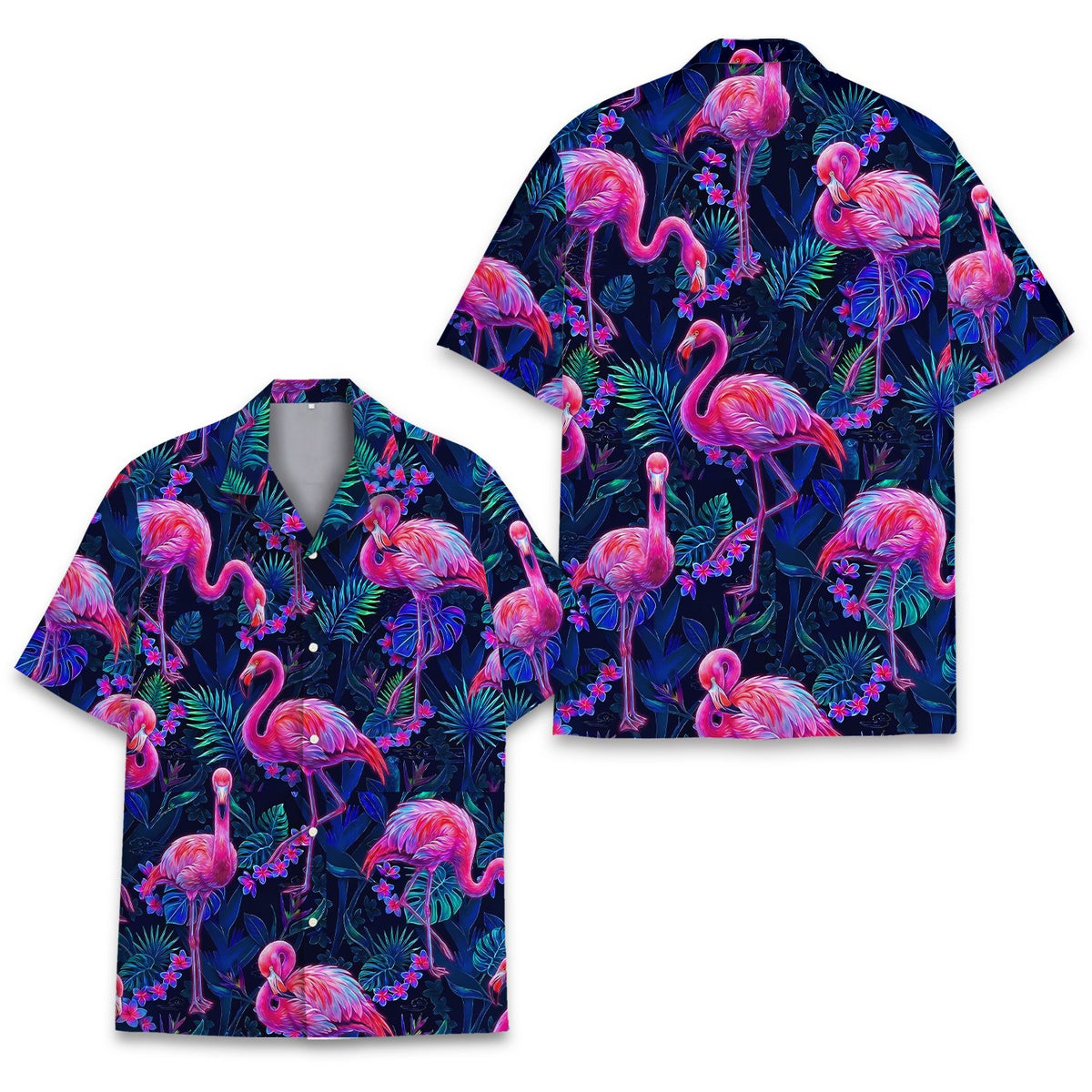 Detailed front view of the flamingo tropical floral hawaiian shirt