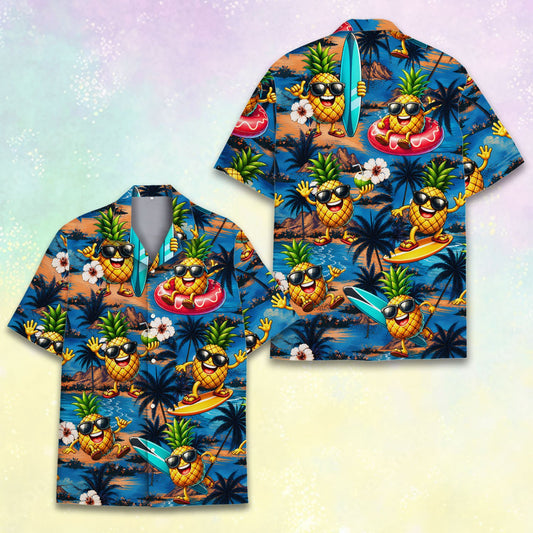 Matching family tropical floral hawaiian shirt with surfing pineapples on blue background