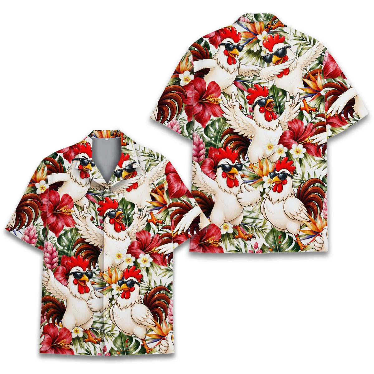 Front view of the white tropical hawaiian shirt with rooster design