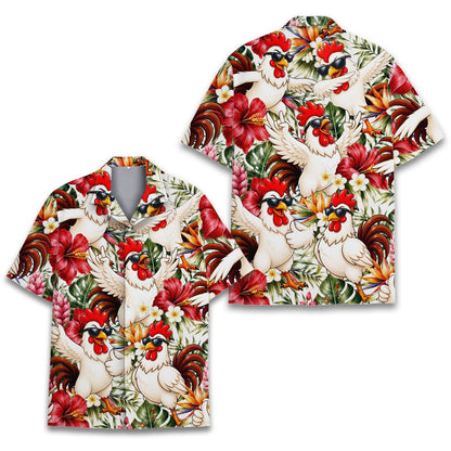 Front view of the white tropical hawaiian shirt with rooster design