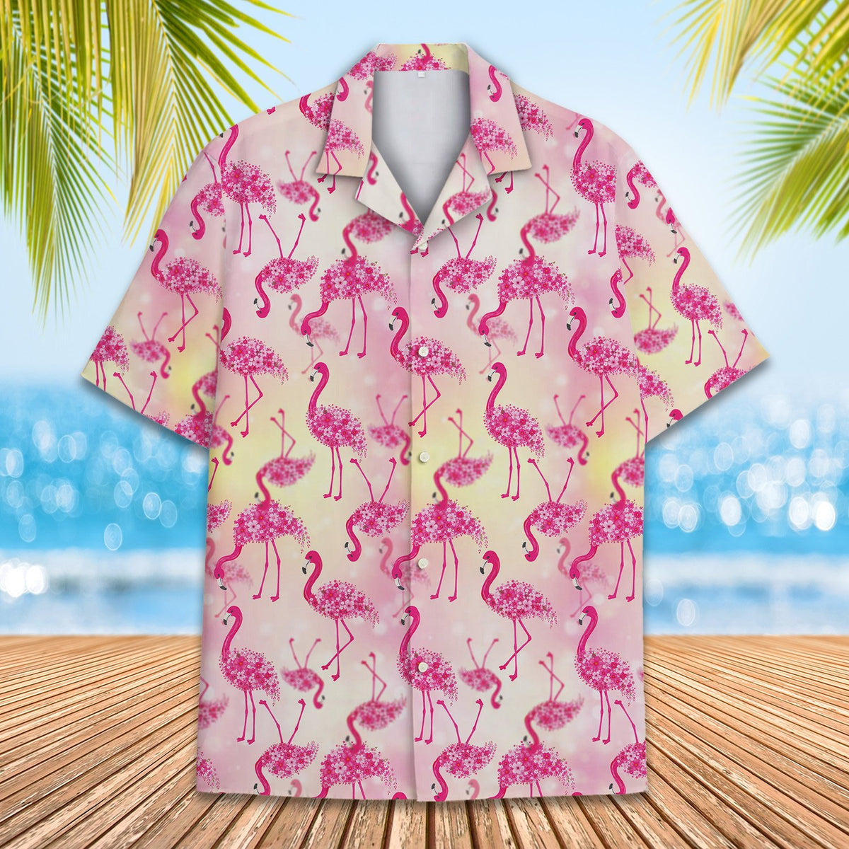 Front view of the tropical floral hawaiian shirt showing button details