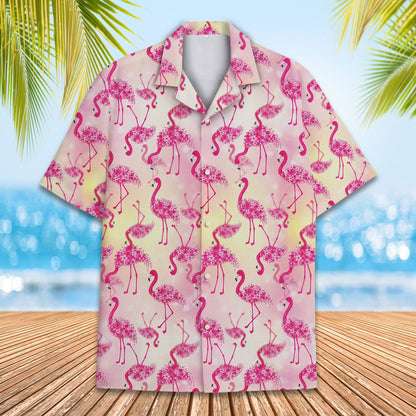 Front view of the tropical floral hawaiian shirt showing button details