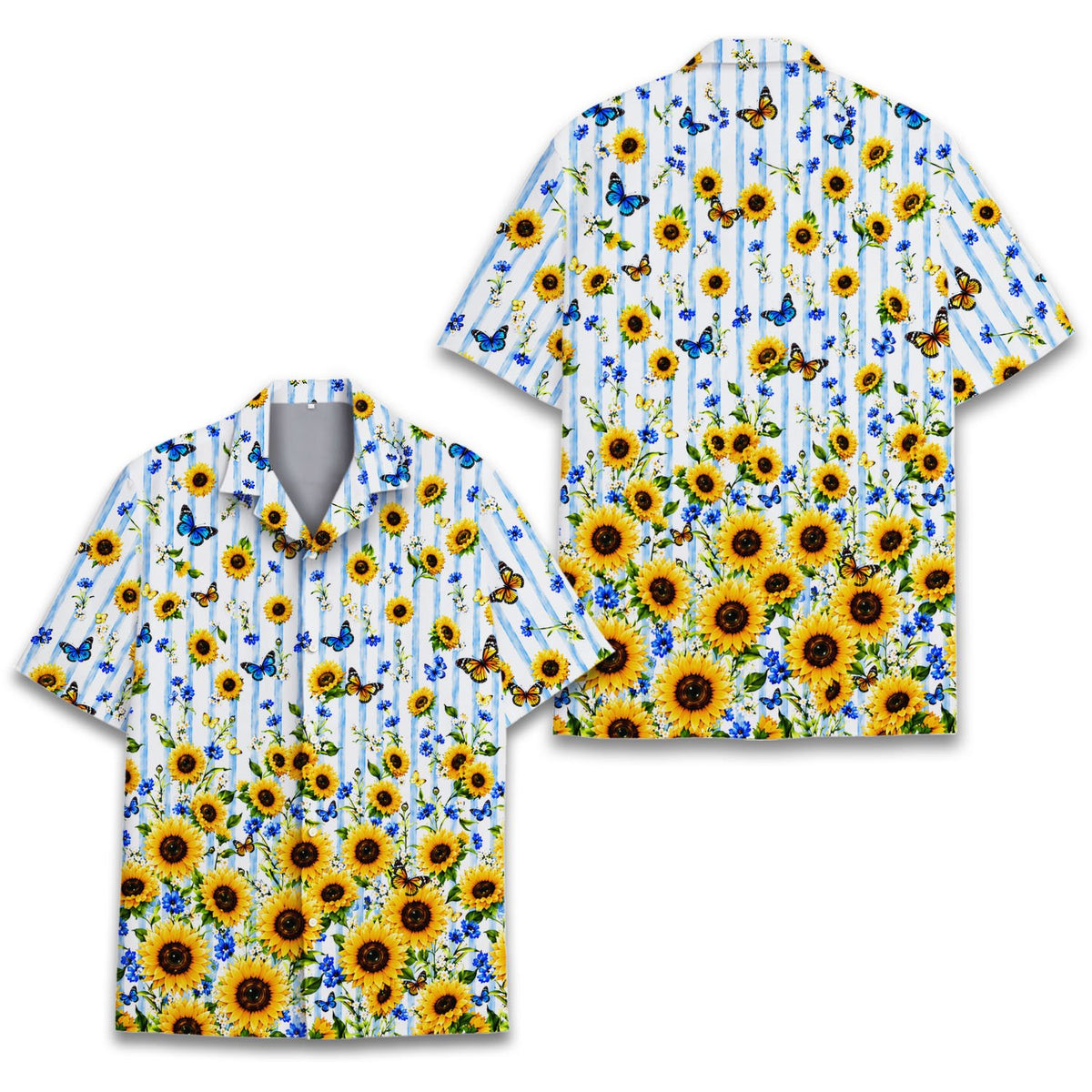 Front view of tropical floral hawaiian shirt with sunflowers and butterflies on a white and blue striped background