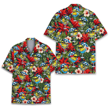 Front view of the tropical duck martini Hawaiian shirt on a hanger