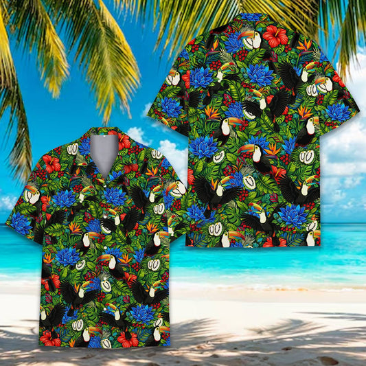 Main view of the tropical floral Hawaiian shirt featuring toucans and hibiscus flowers