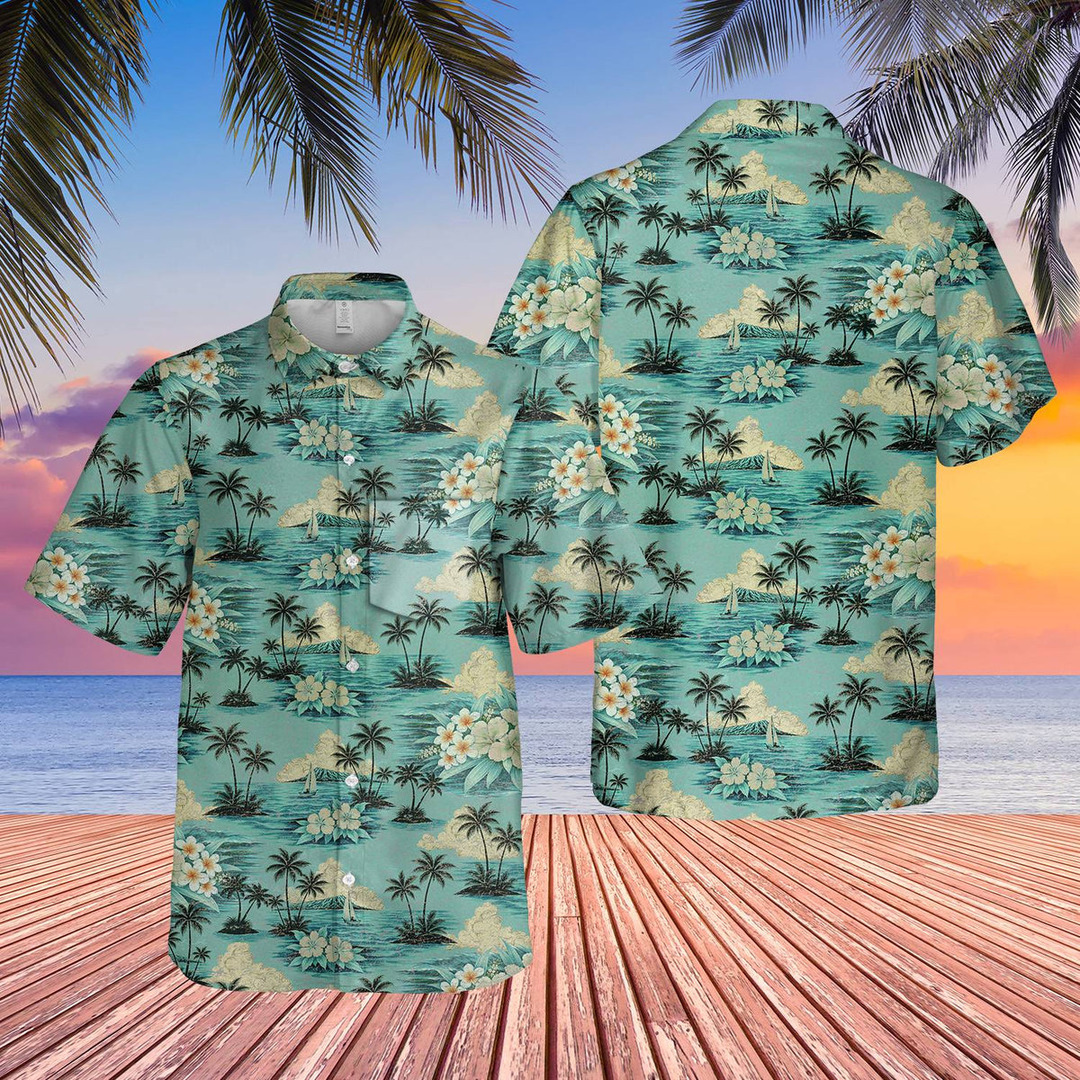 Tropical floral hawaiian shirt main view with teal background and palm trees