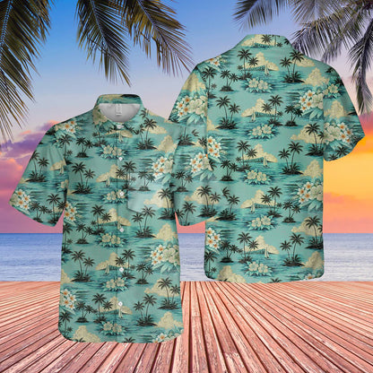 Tropical floral hawaiian shirt main view with teal background and palm trees