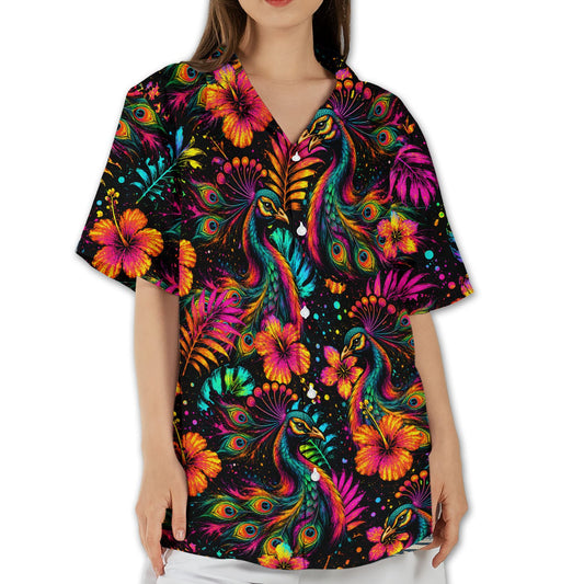 Matching family hawaiian shirts with tropical floral peacock design, main view