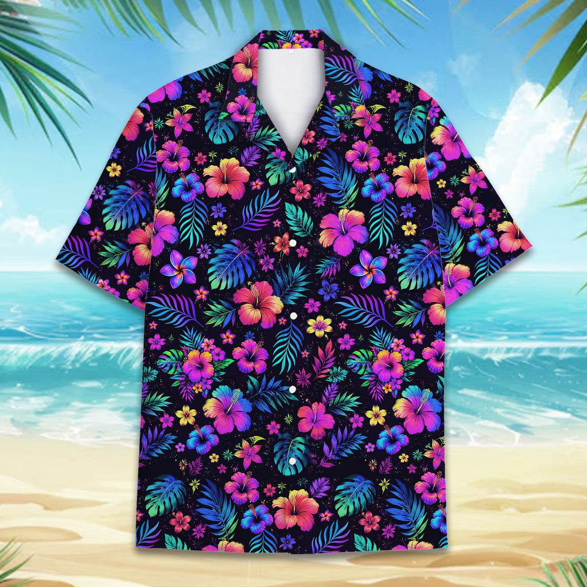 Front view of the tropical floral hawaiian shirt