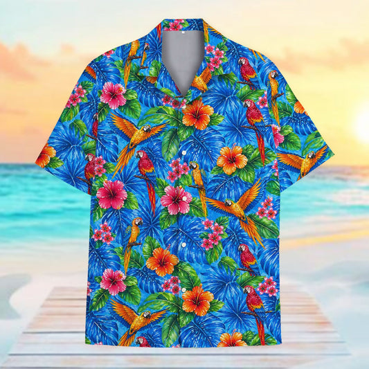 Main view of the tropical floral hawaiian shirt featuring macaws and hibiscus flowers