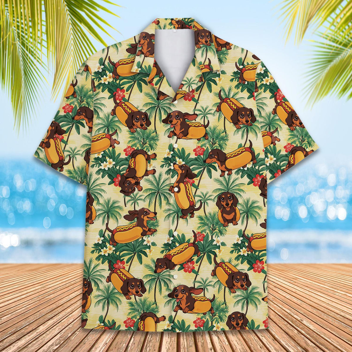 Yellow tropical floral hawaiian shirt featuring dachshunds in hot dog buns, main view