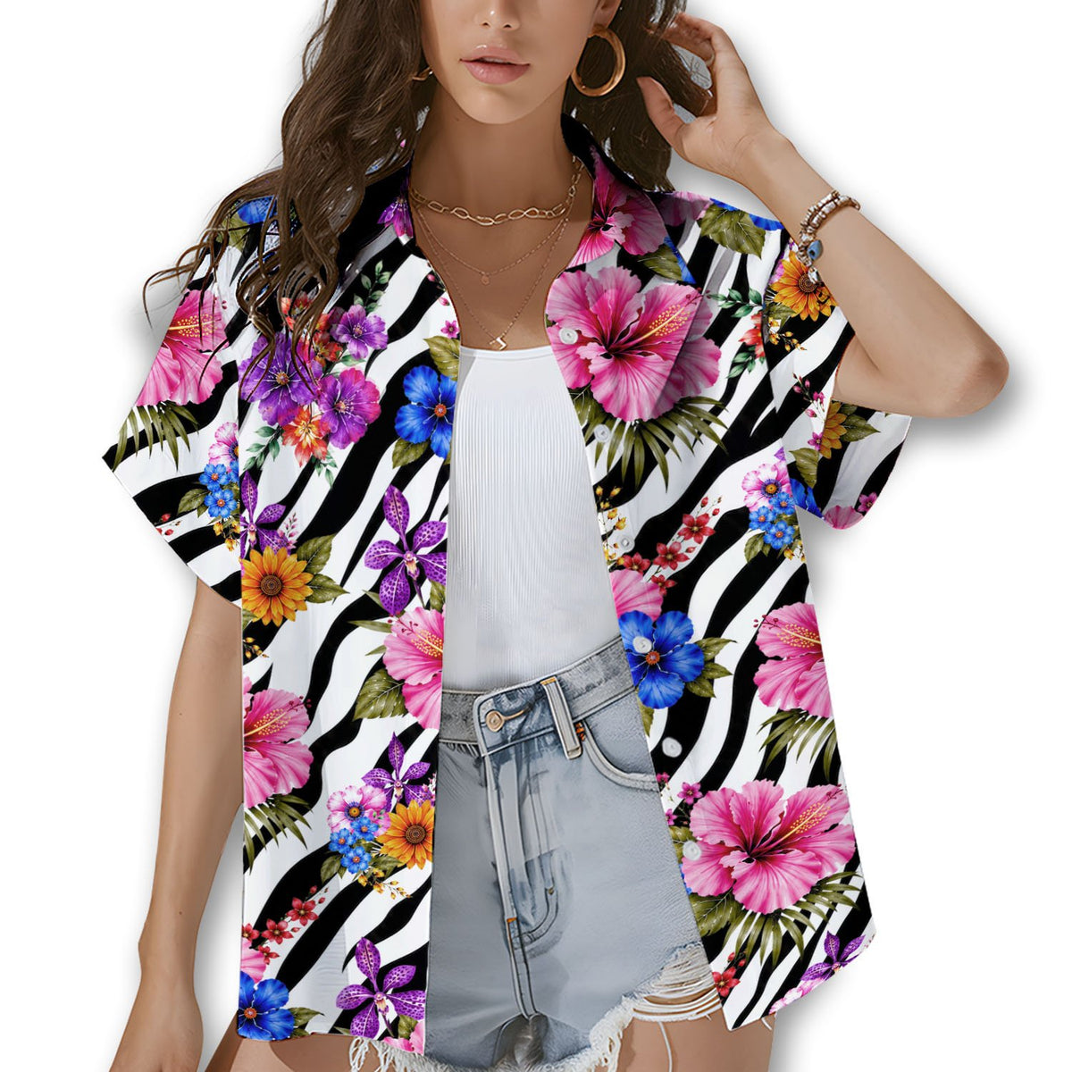 Tropical floral Hawaiian shirt with zebra stripes and pink hibiscus, front view