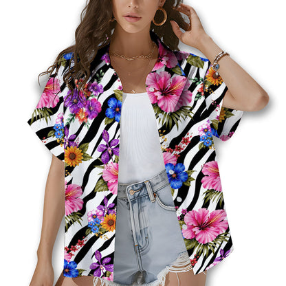 Tropical floral Hawaiian shirt with zebra stripes and pink hibiscus, front view