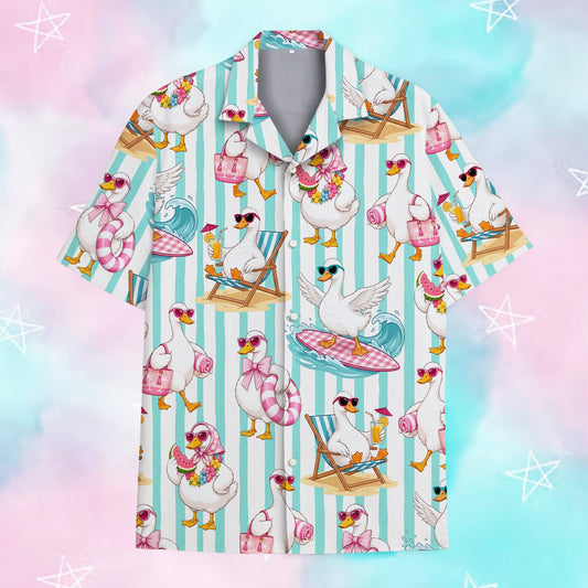 Matching family hawaiian shirts featuring a tropical floral beach duck design on teal stripes