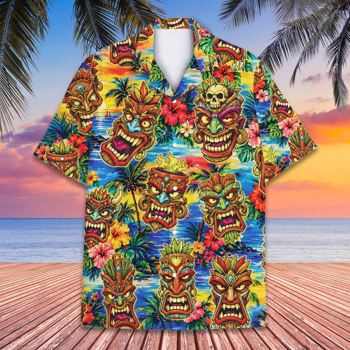 Front view of the tropical floral hawaiian shirt with colorful tiki masks