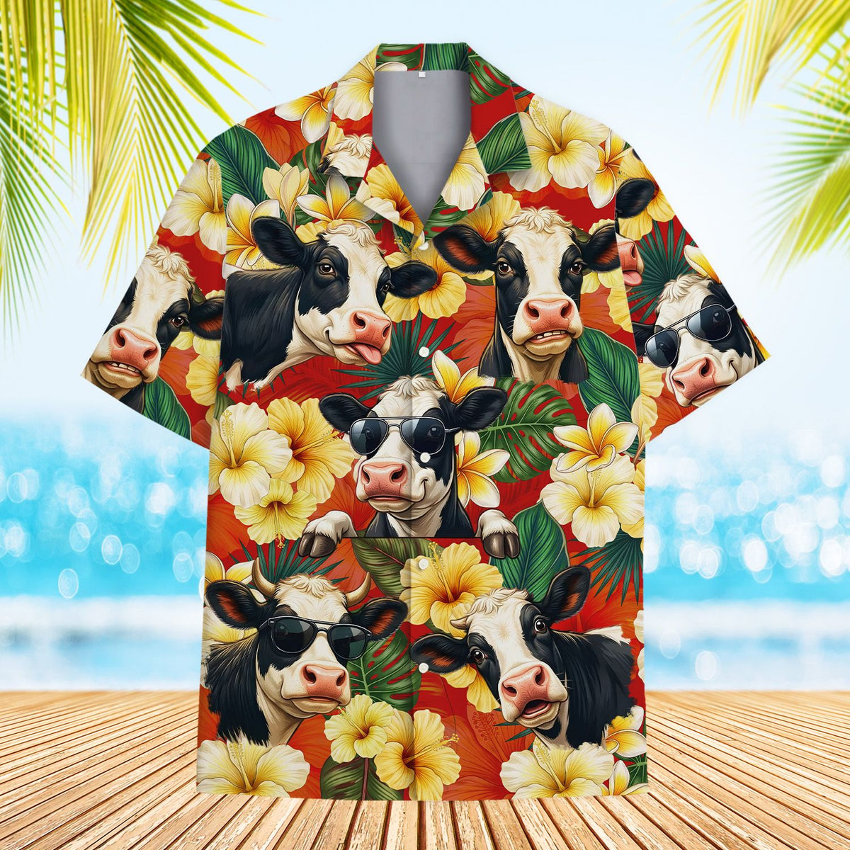 Tropical floral hawaiian shirt with cow print, front view