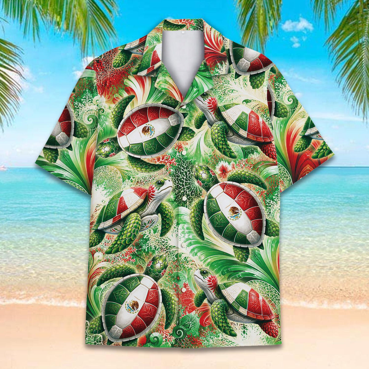 Front view of the tropical floral hawaiian shirt featuring vibrant green and red botanicals
