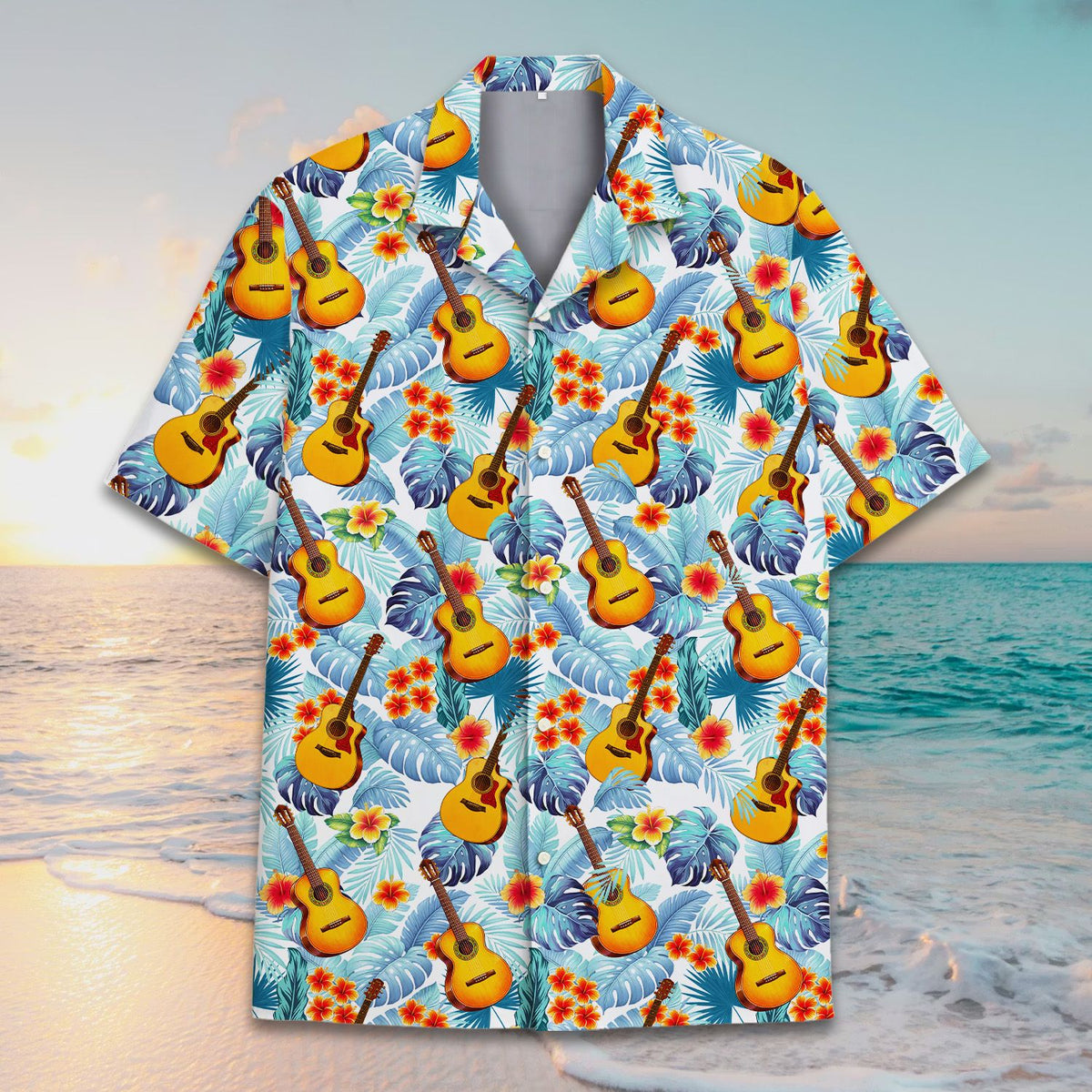 Tropical floral hawaiian shirt with guitars and hibiscus pattern, main view