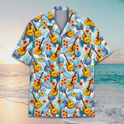 Tropical floral hawaiian shirt with guitars and hibiscus pattern, main view