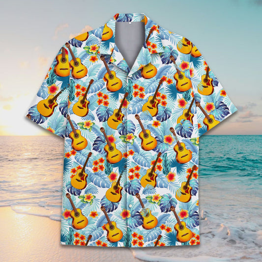 Tropical floral hawaiian shirt with guitars and hibiscus pattern, main view