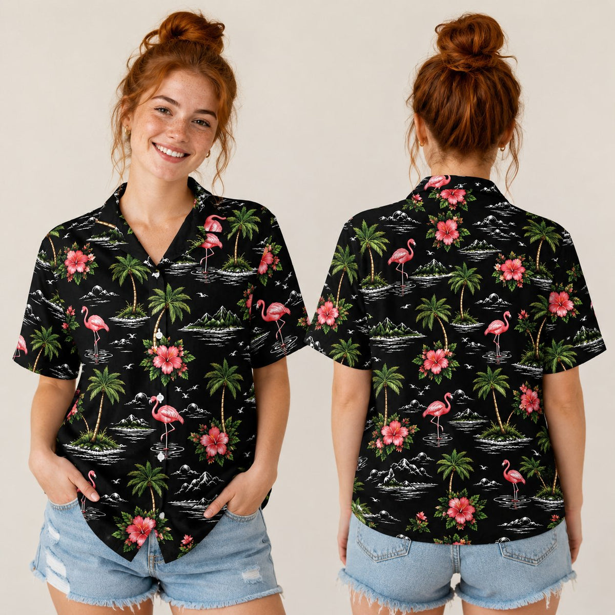 Lifestyle view of matching family hawaiian shirts featuring pink flamingos and tropical floral design