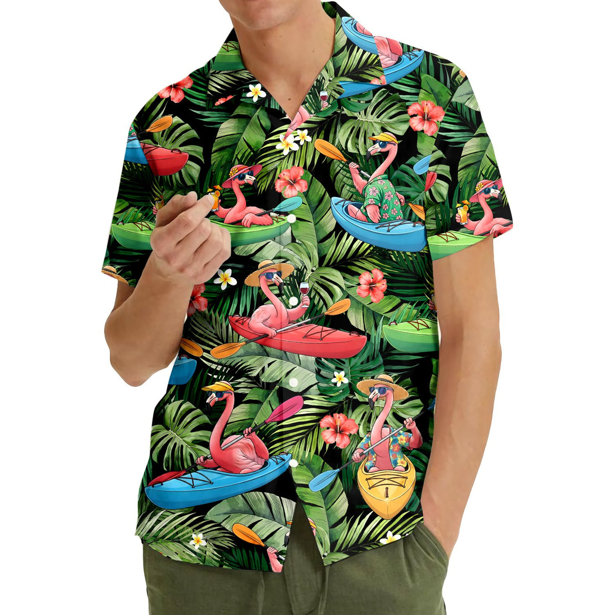 Second lifestyle view of the floral hawaiian shirt in an outdoor setting