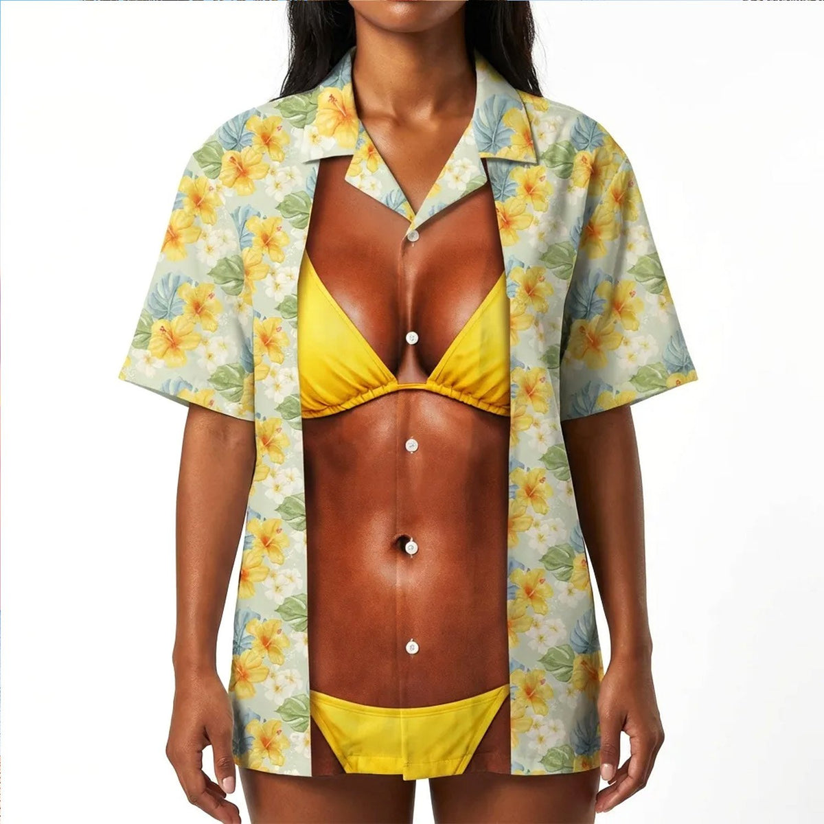 Adult wearing tropical floral hawaiian shirt with bikini illusion outdoors