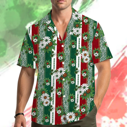 Family wearing matching tropical floral hawaiian shirts outdoors, lifestyle view 1