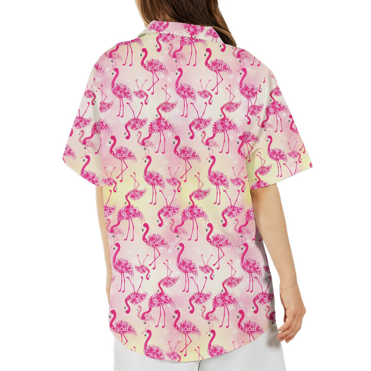Lifestyle view highlighting family matching outfits with the pink flamingo hawaiian shirt