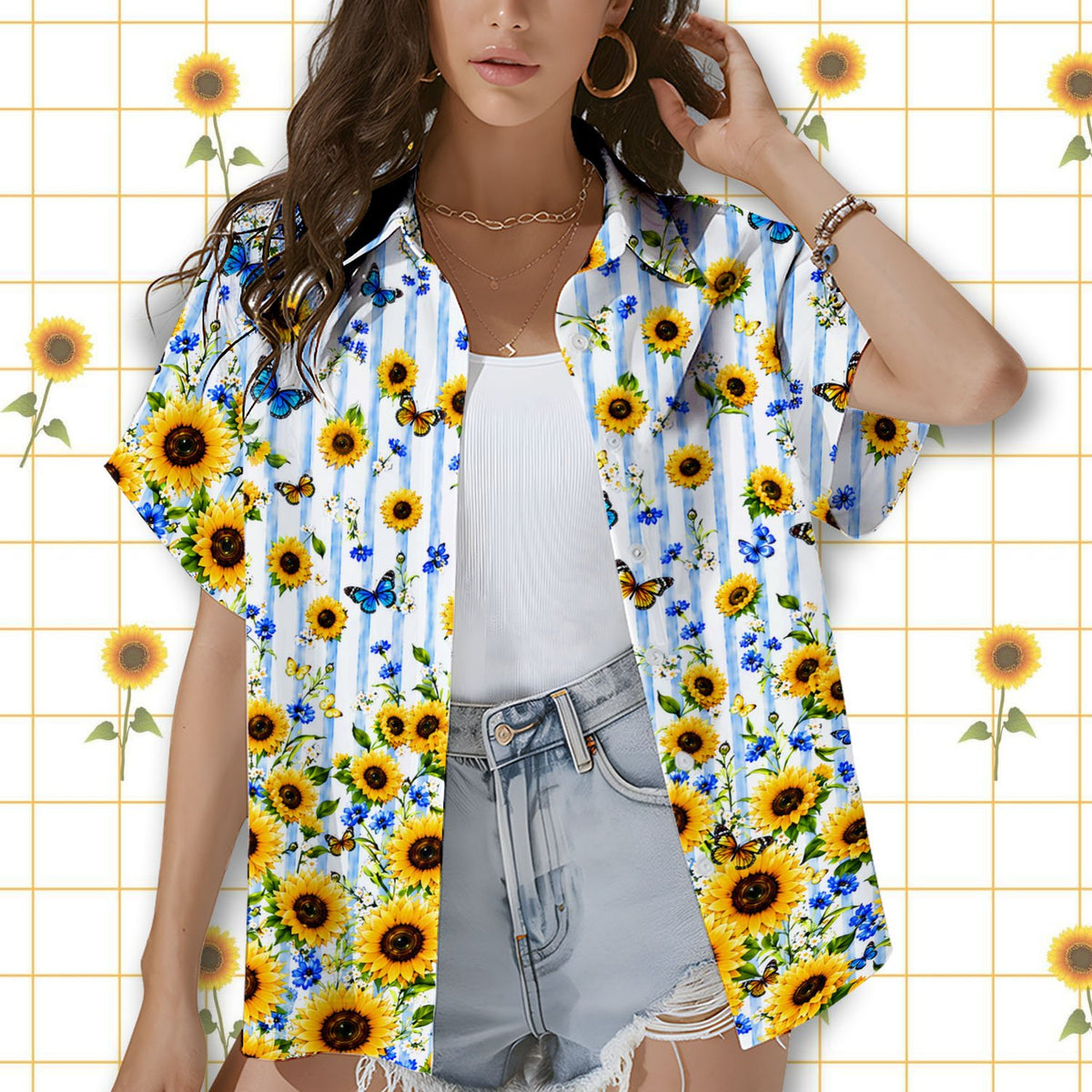 Lifestyle view showing the intricate sunflower and butterfly details of the hawaiian shirt