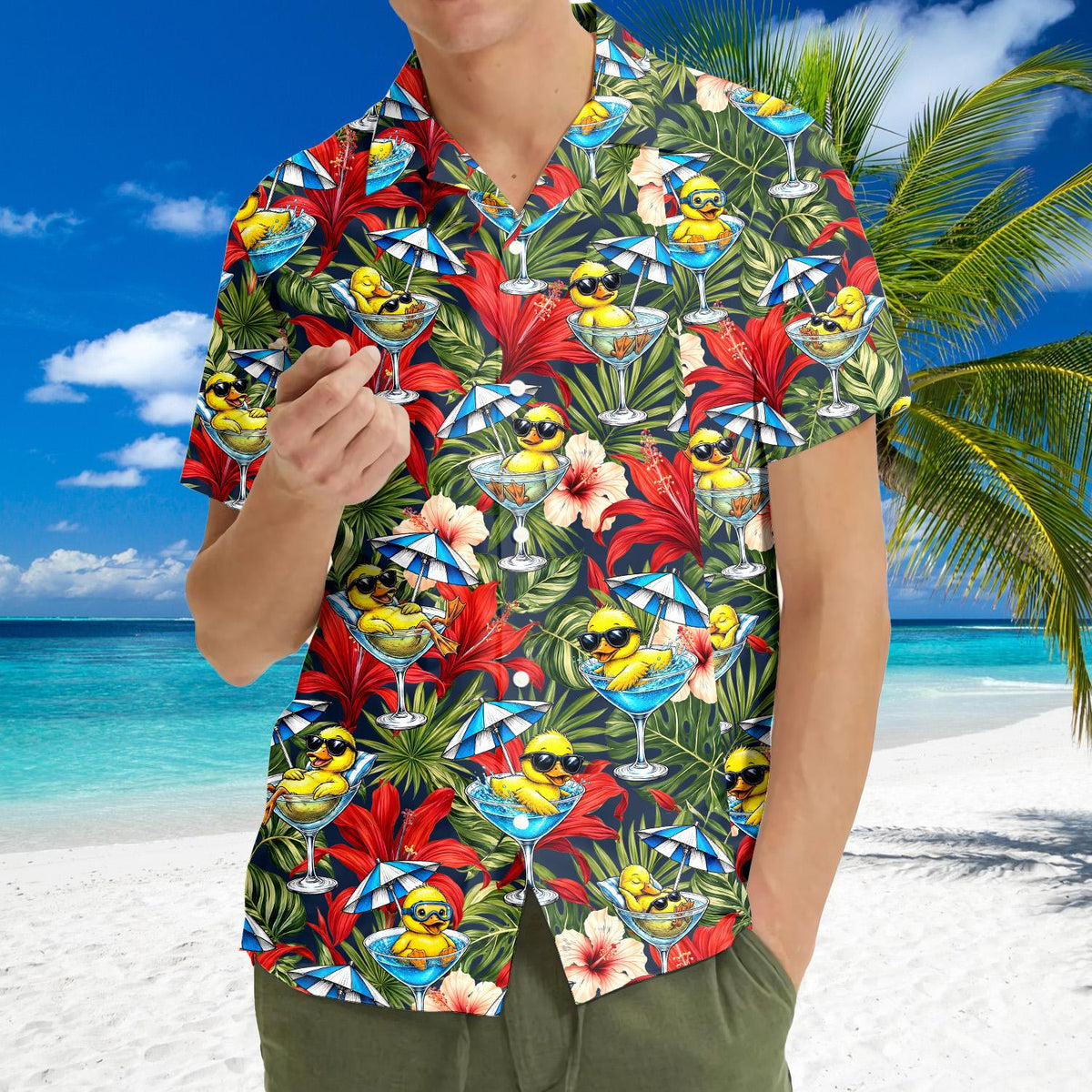 Lifestyle image of someone wearing the vibrant tropical hawaiian shirt