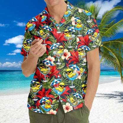 Lifestyle image of someone wearing the vibrant tropical hawaiian shirt