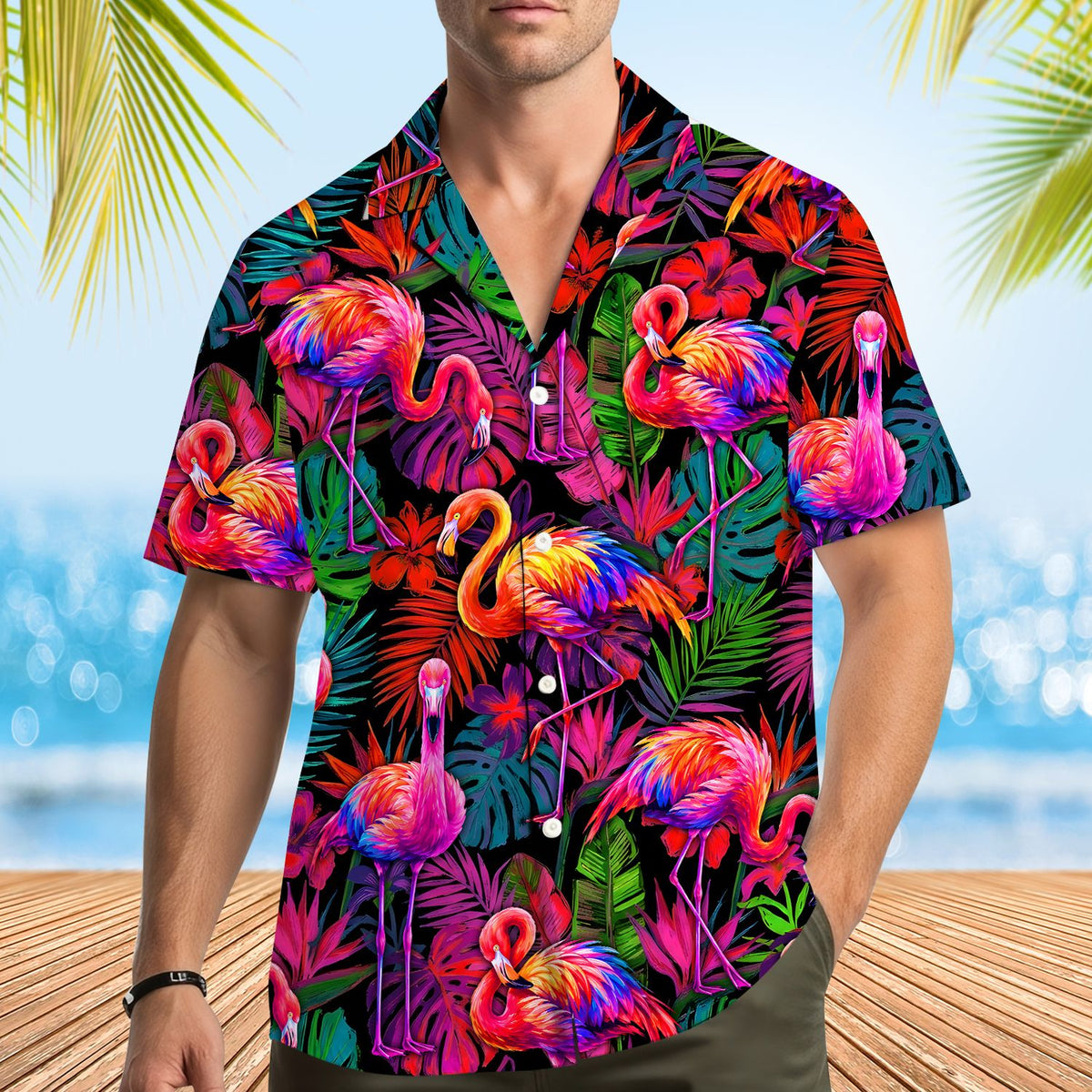 Lifestyle shot featuring the tropical floral hawaiian shirt