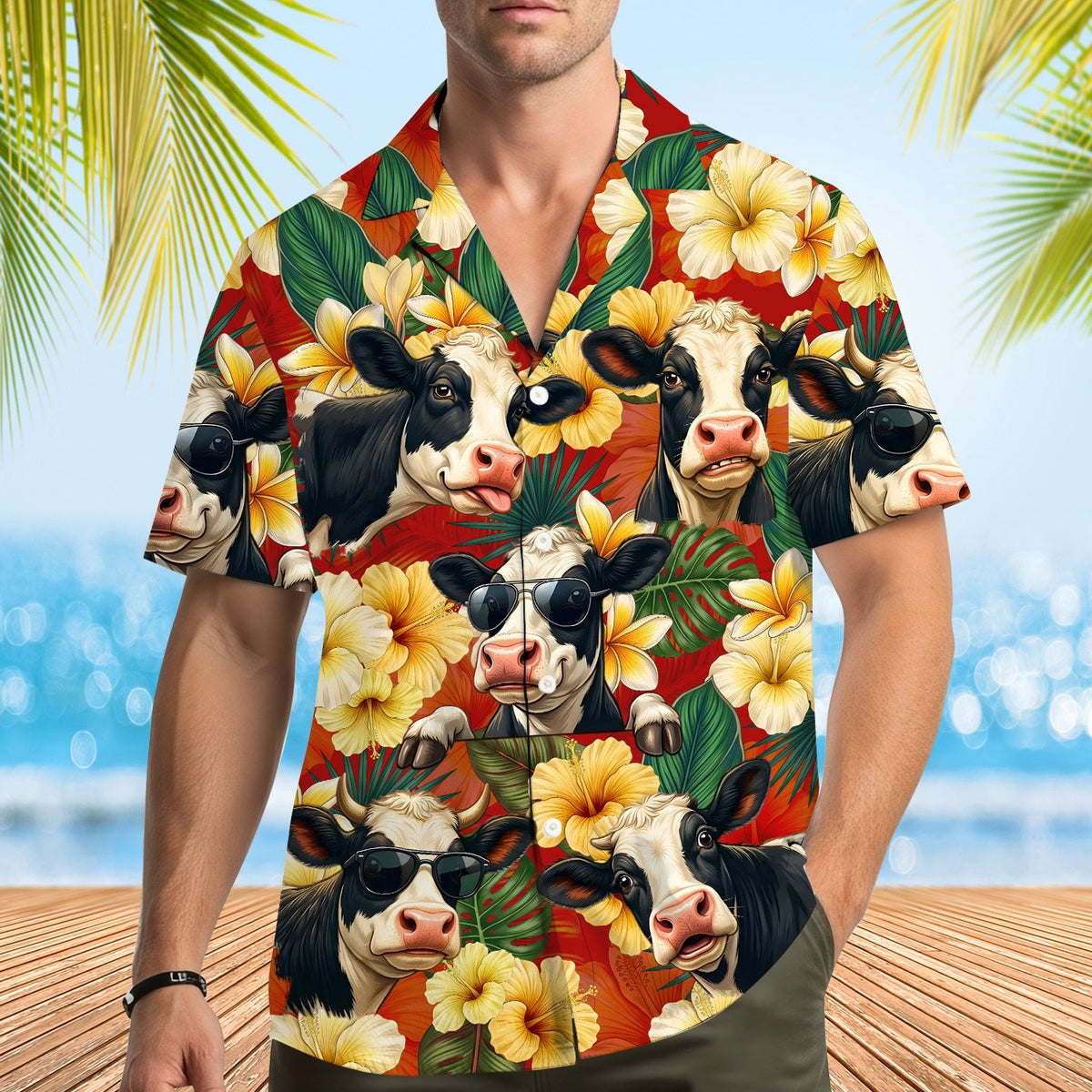 Lifestyle view of tropical floral hawaiian shirt worn outside