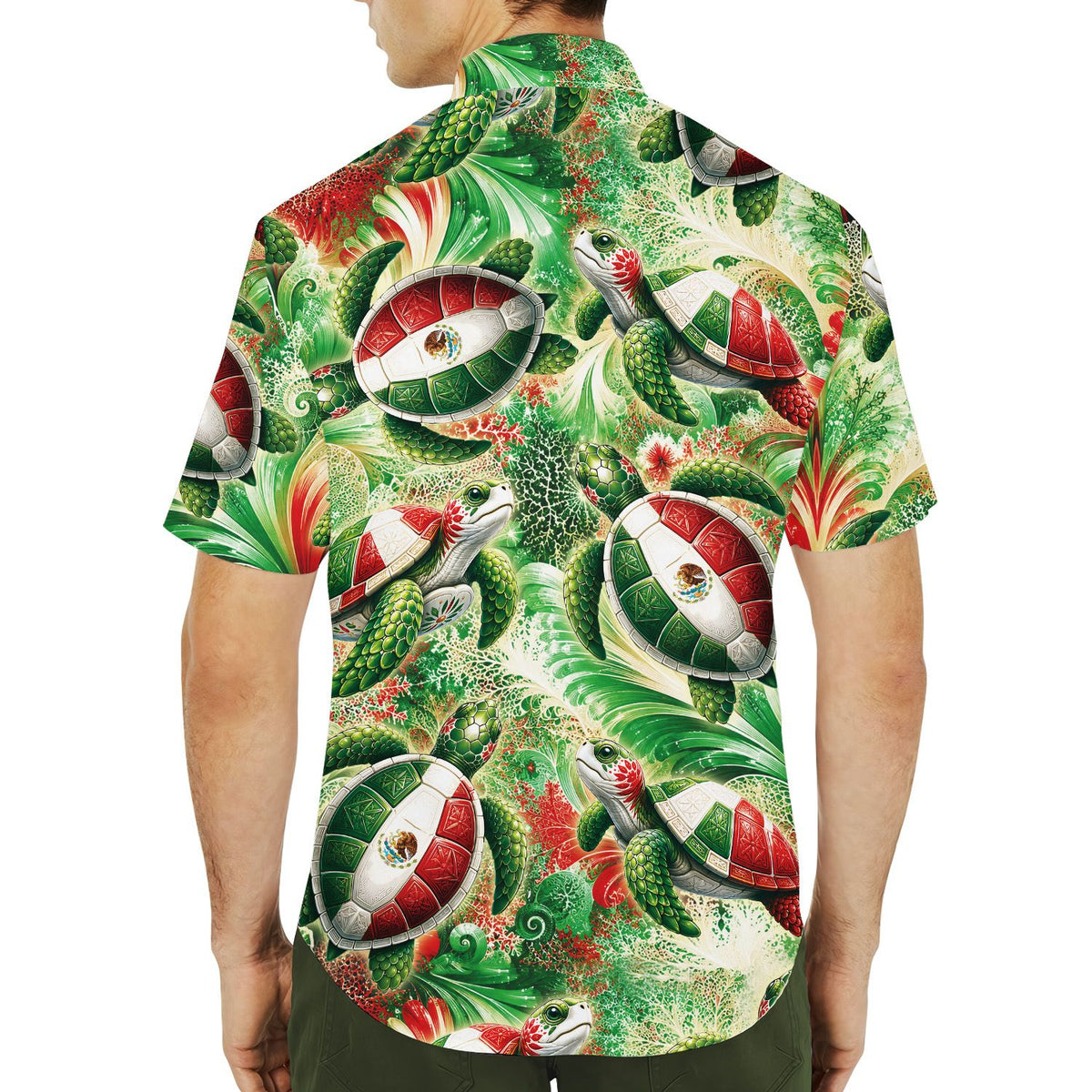 Additional lifestyle view of the tropical floral hawaiian shirt in a summer setting