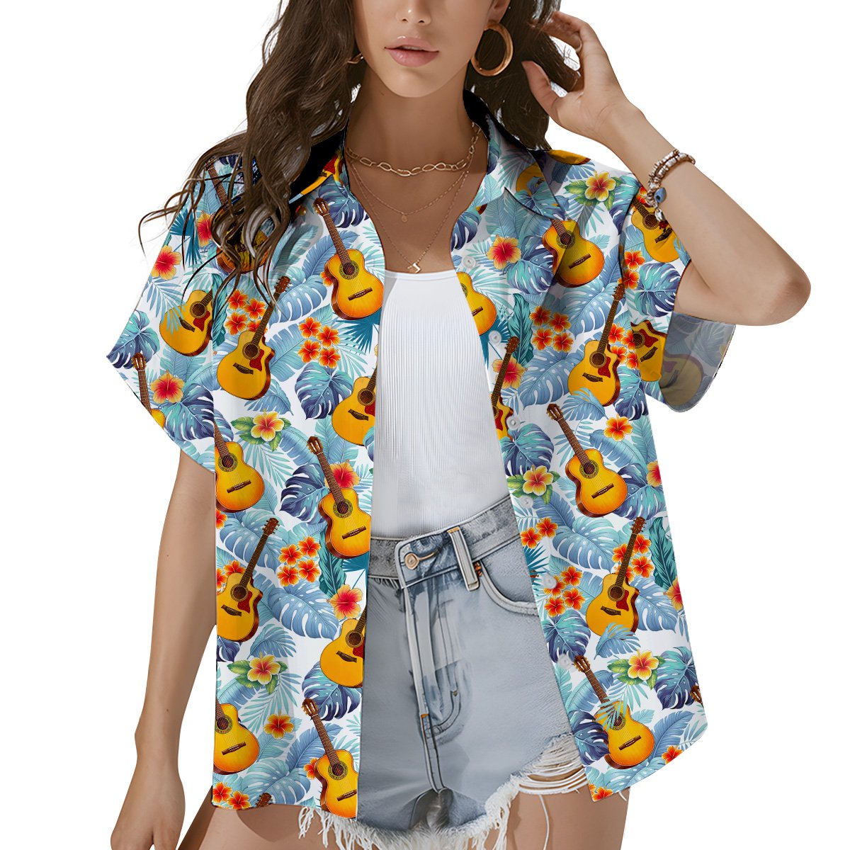 Second lifestyle view of a person wearing the tropical floral hawaiian shirt