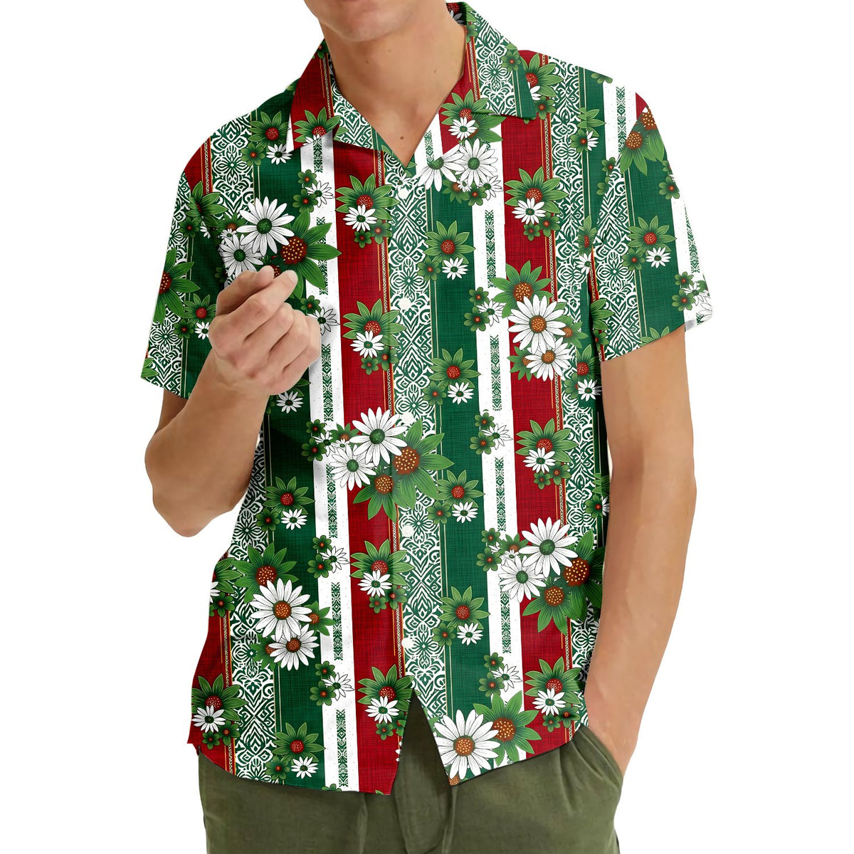 Family wearing matching tropical floral hawaiian shirts outdoors, lifestyle view 2