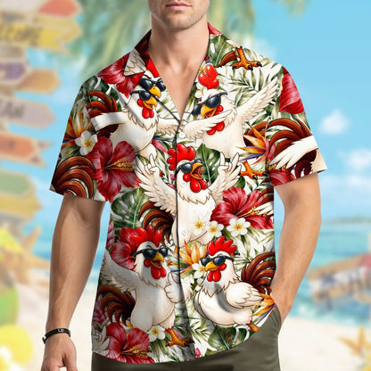 Third lifestyle view of the tropical floral hawaiian shirt outdoors