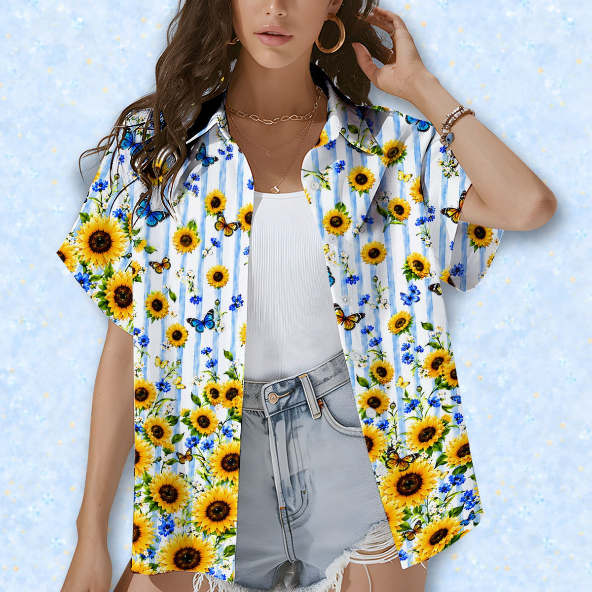 Lifestyle view highlighting the vibrant yellow and blue colors of the floral print