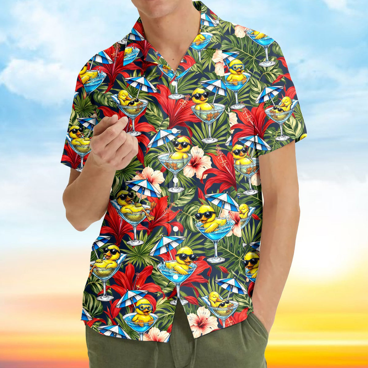 Man in the matching family hawaiian shirt walking on the beach