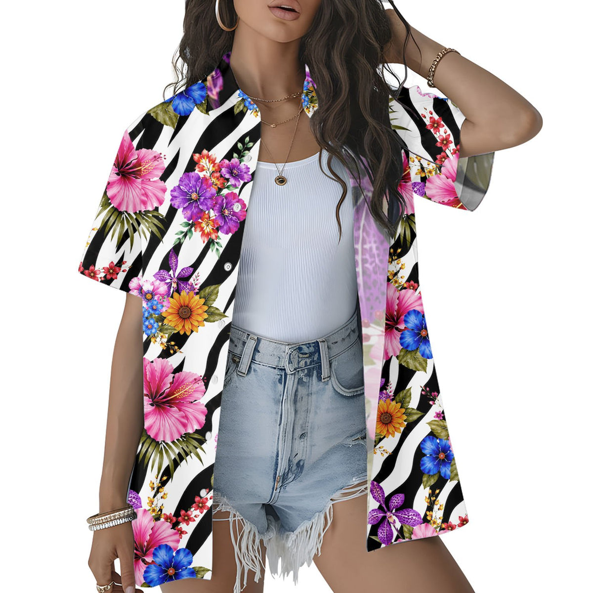 Person wearing tropical floral Hawaiian shirt outdoors, lifestyle view 3