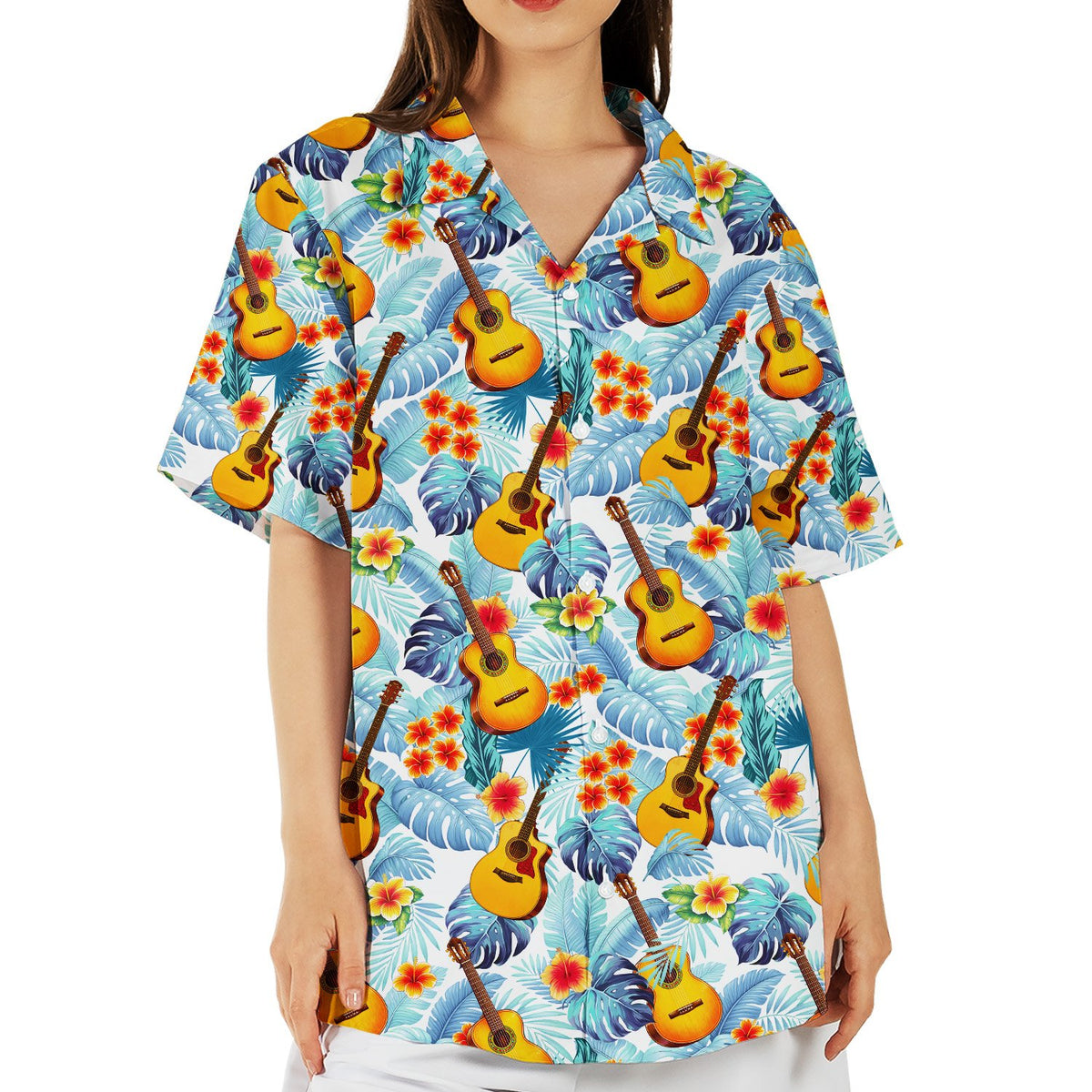 Third lifestyle view of the tropical floral hawaiian shirt in action