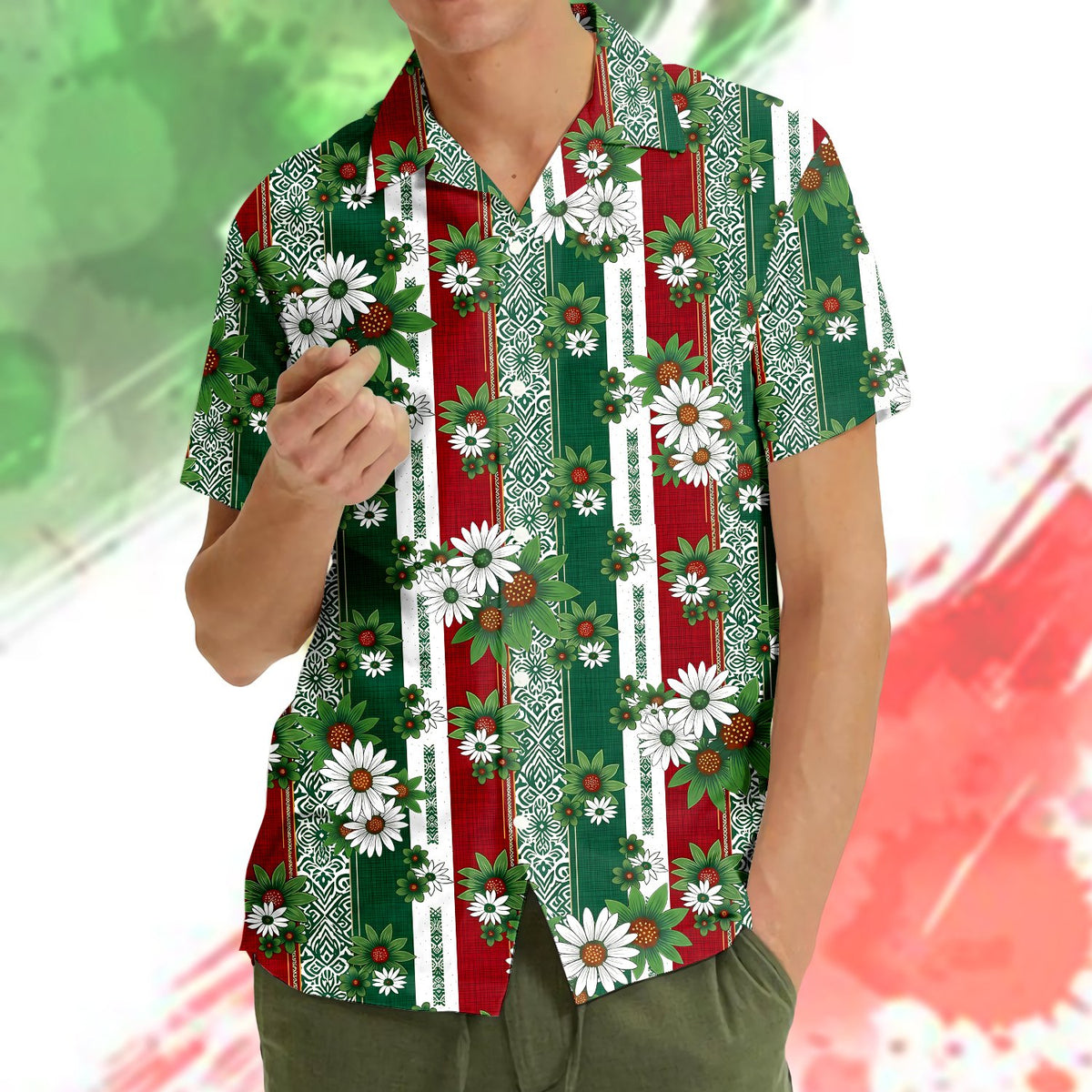 Family wearing matching tropical floral hawaiian shirts outdoors, lifestyle view 3