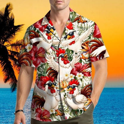 Fourth lifestyle view wearing the rooster hawaiian shirt