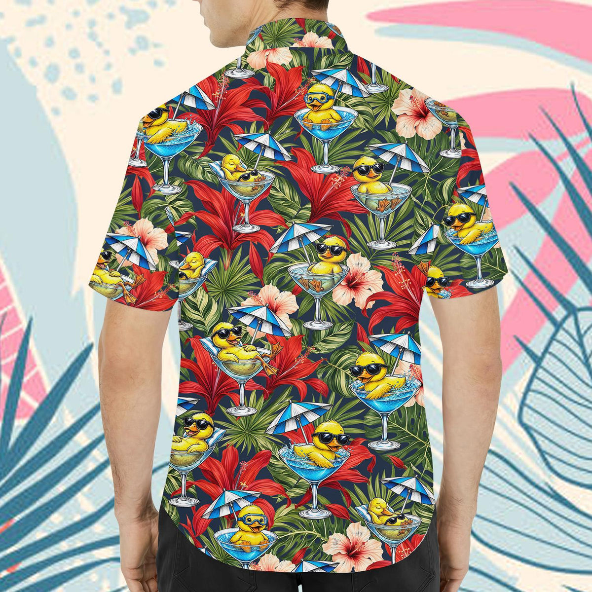 Lifestyle shot of the floral print hawaiian shirt at a summer party