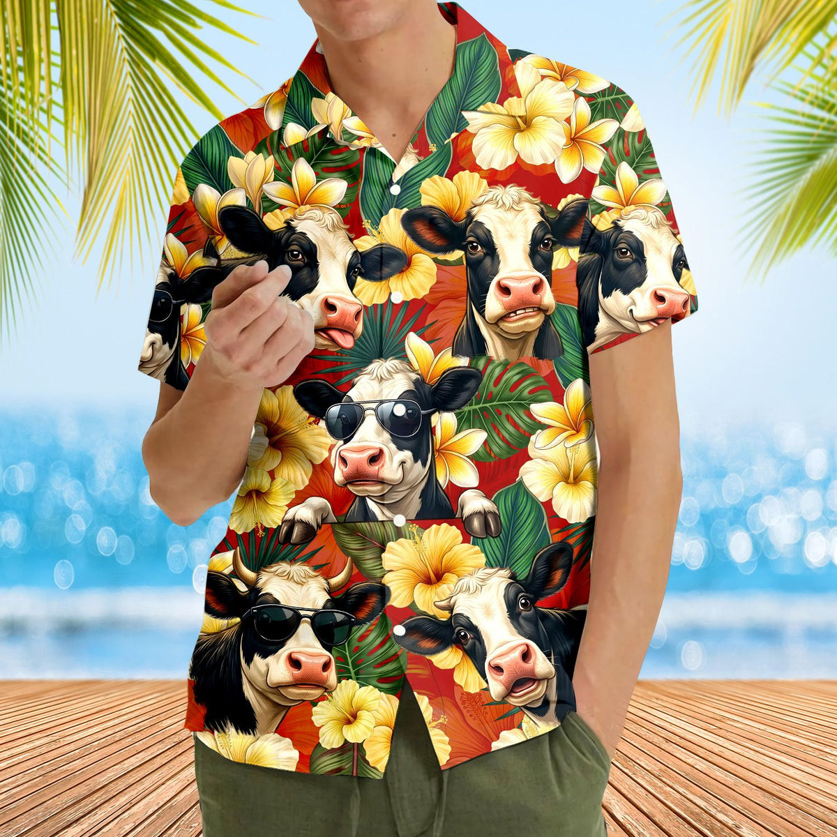 Lifestyle view of the tropical floral hawaiian shirt on a bright day