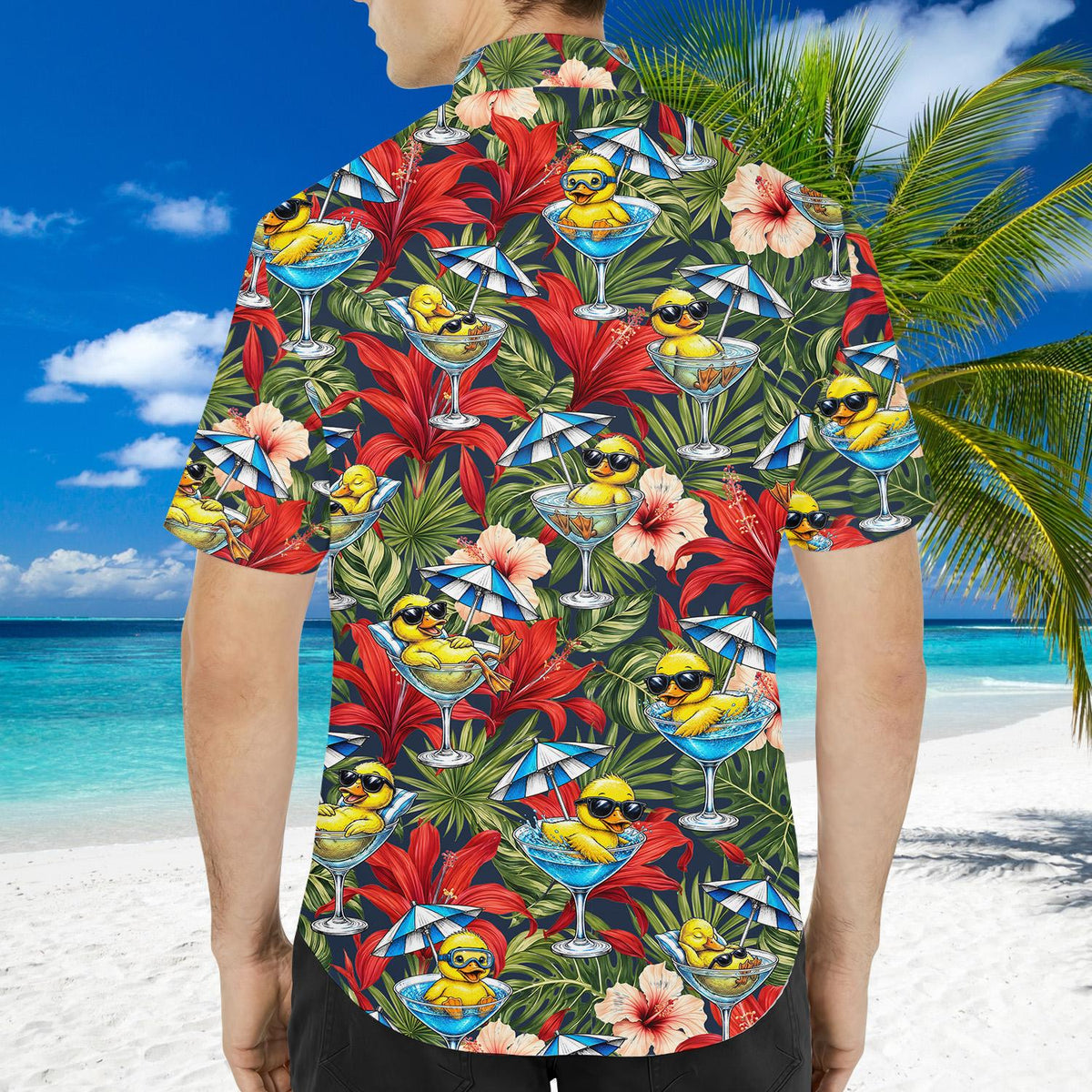Person relaxing in the duck martini tropical hawaiian shirt