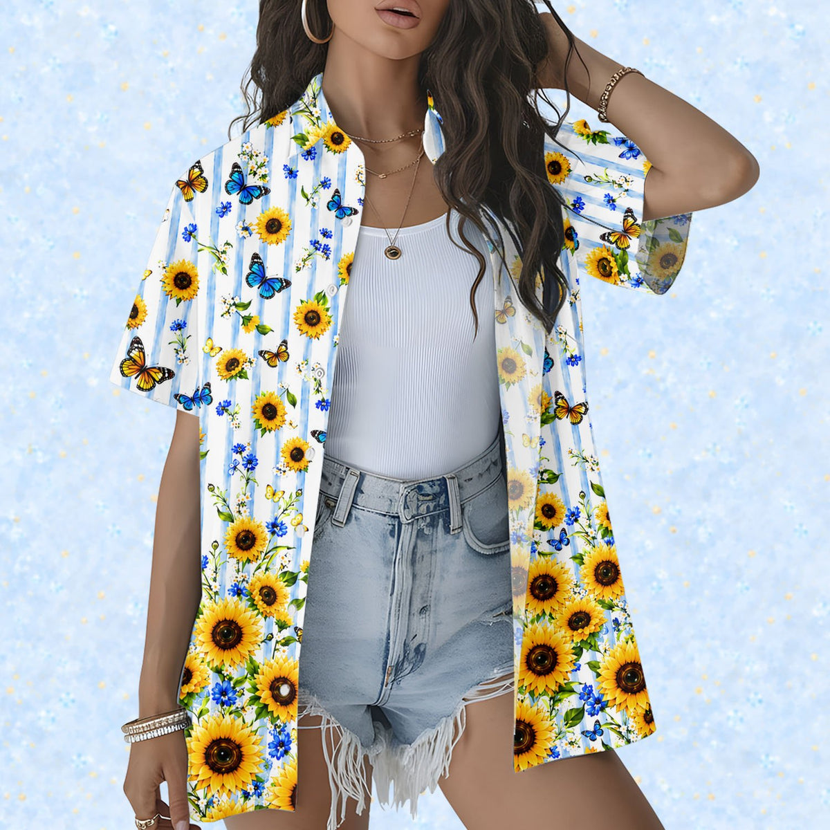 Lifestyle view of the lightweight polyester hawaiian shirt in motion