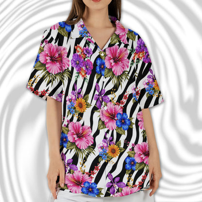 Person wearing tropical floral Hawaiian shirt outdoors, lifestyle view 6