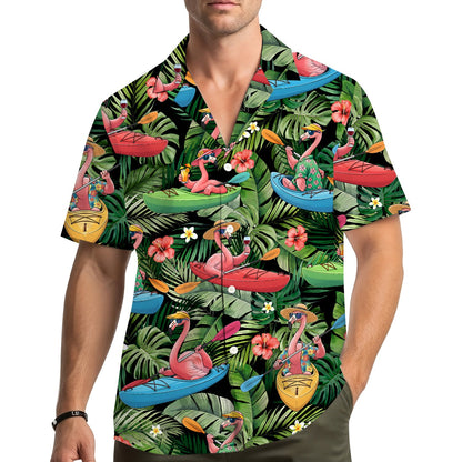 Lifestyle view of the tropical flamingo hawaiian shirt on a person